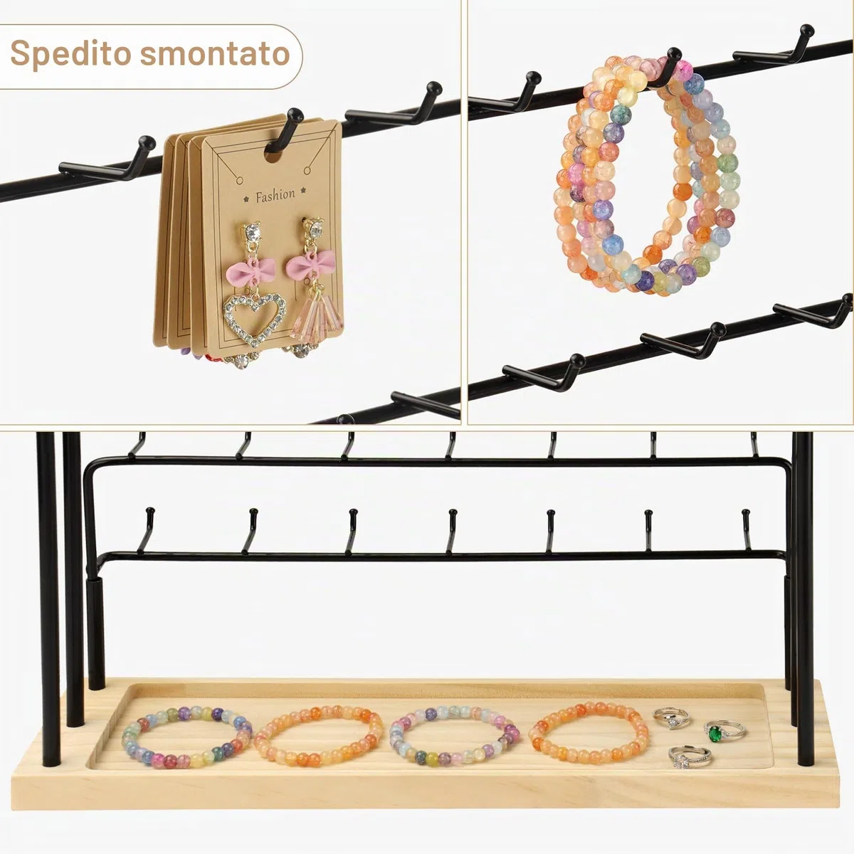 Espositore per Orecchini per Venditori 6 Livelli 42 Ganci in Legno Espositore per Orecchini Collane Anelli Bracciali Portachiavi (Nero)