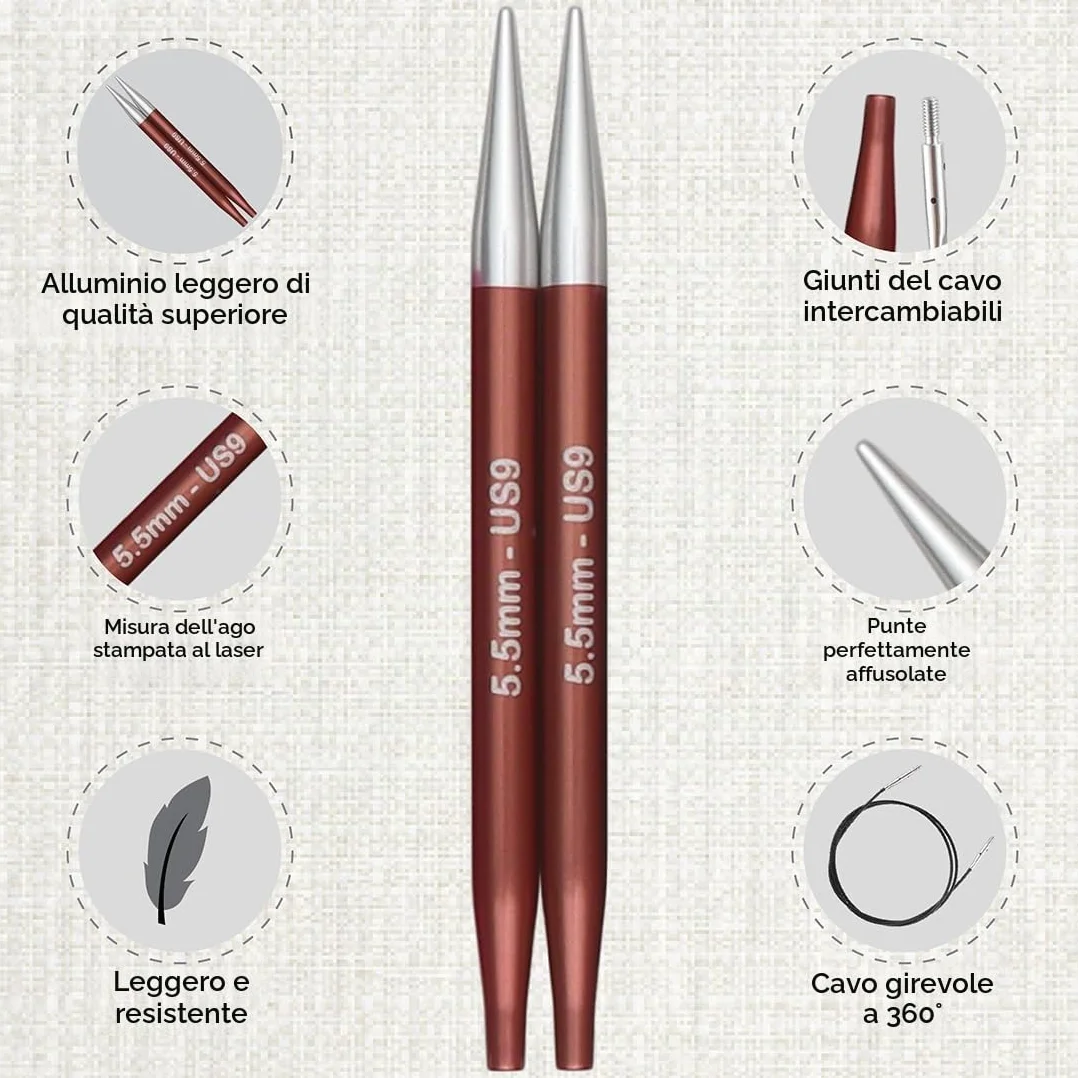 Set ferri da maglia KnitPro Zing, circolari, intercambiabili, punta corta speciale da 10 cm, set Deluxe