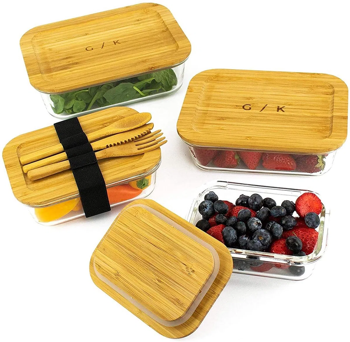 Gramercy Contenitore in Vetro per Alimenti 4x con Coperchio Bambù - Senza BPA, Anti-Perdite