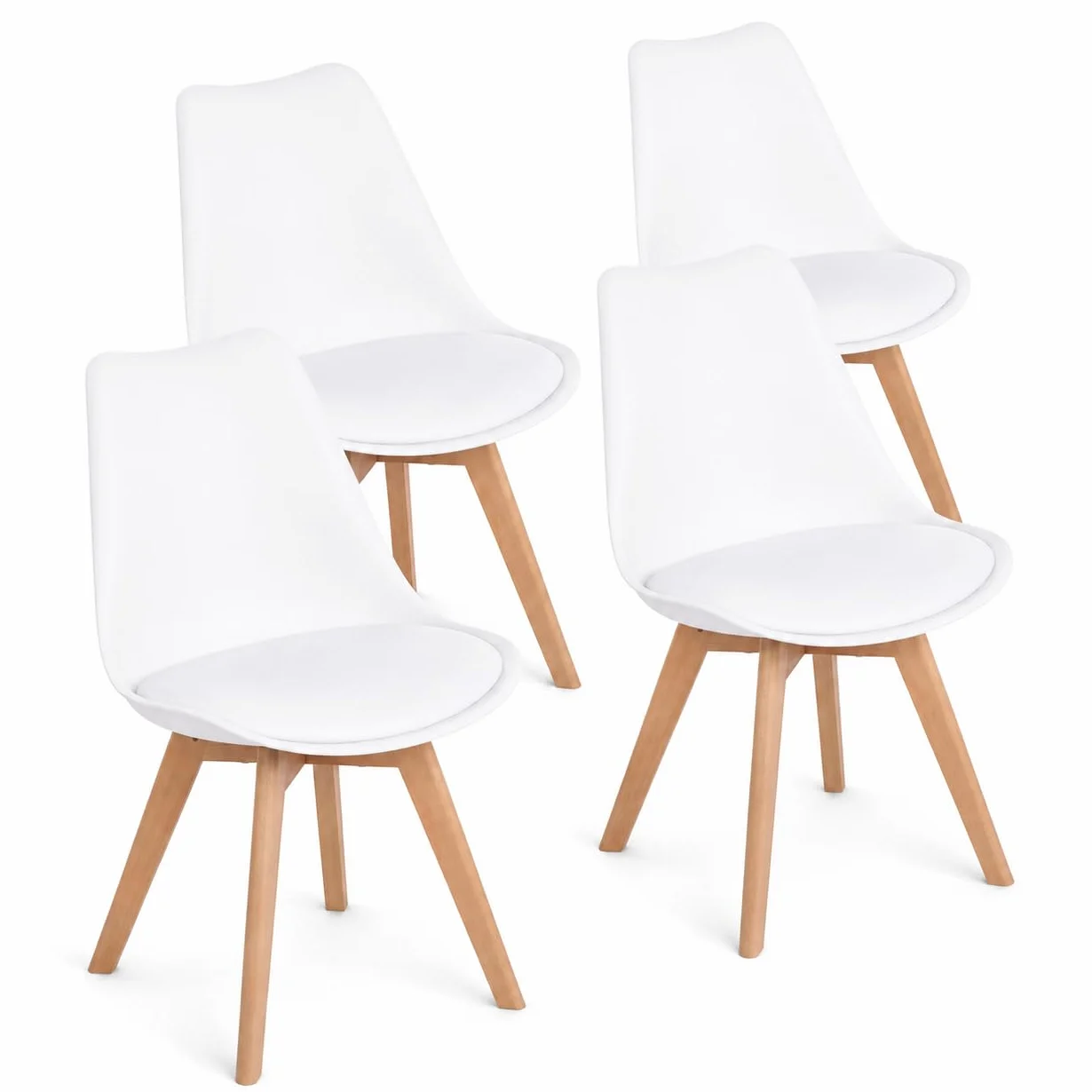 EGGREE Set di 4 Pranzo Ufficio Sedia con Gambe in Faggio Massiccio Sedie Senza Braccia Imbottita di Design per il Massimo Comfort Bianco