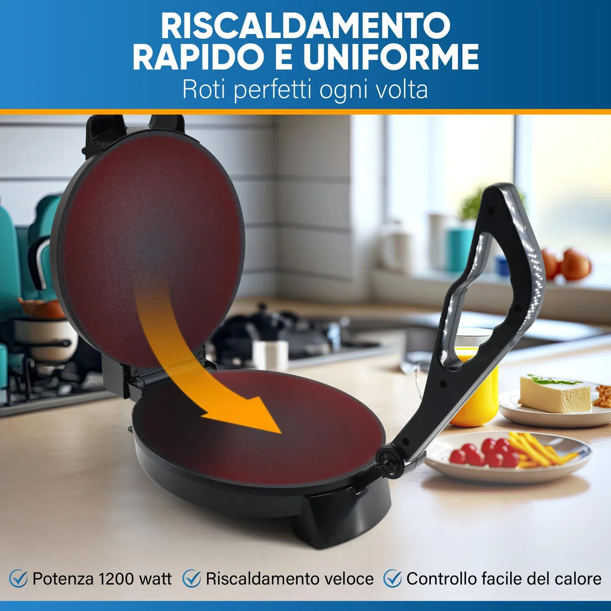 StarBlue Roti-Maker 25,4 cm con riscaldatore Roti gratuito e manico rimovibile - Indian Chapati Tortilla, Roti AC220-240 V 50/60 Hz 1200 W, spina europea