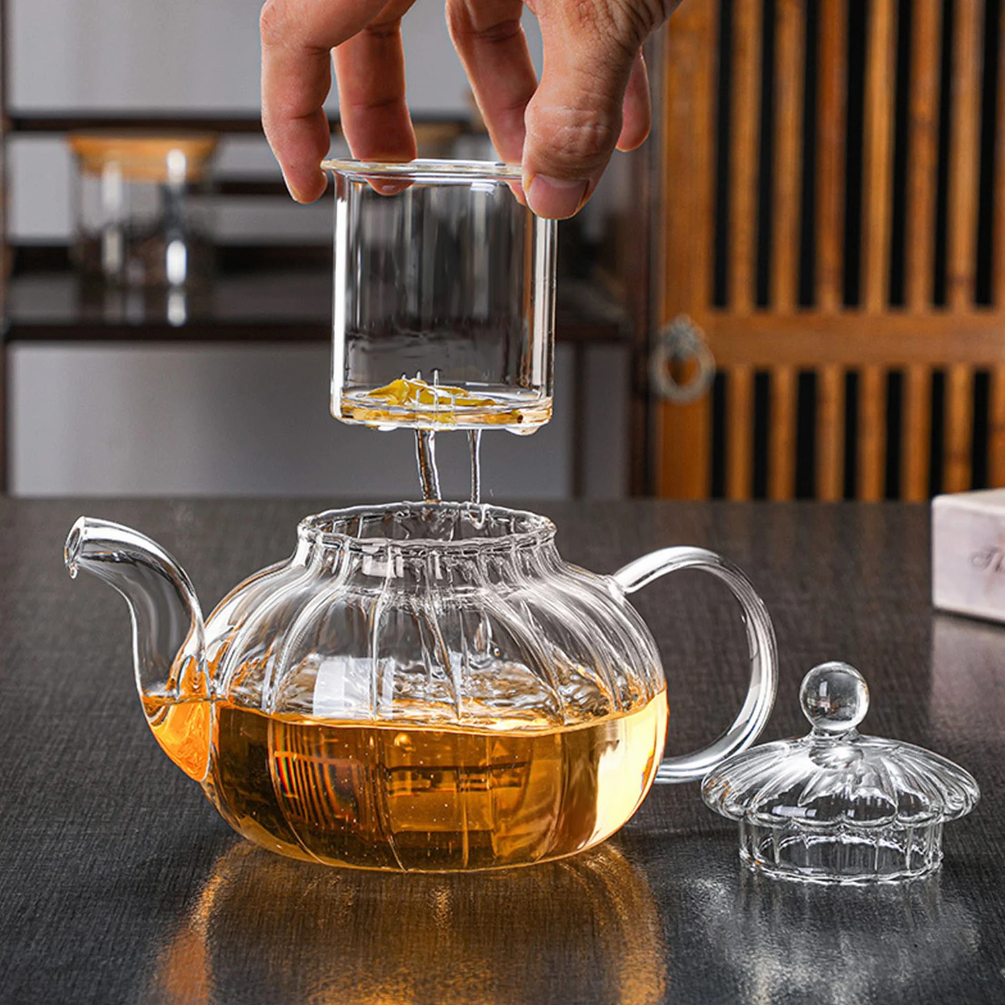 YUEMING Teiera in vetro a righe a forma di zucca, set da tè con filtro da 600 ml