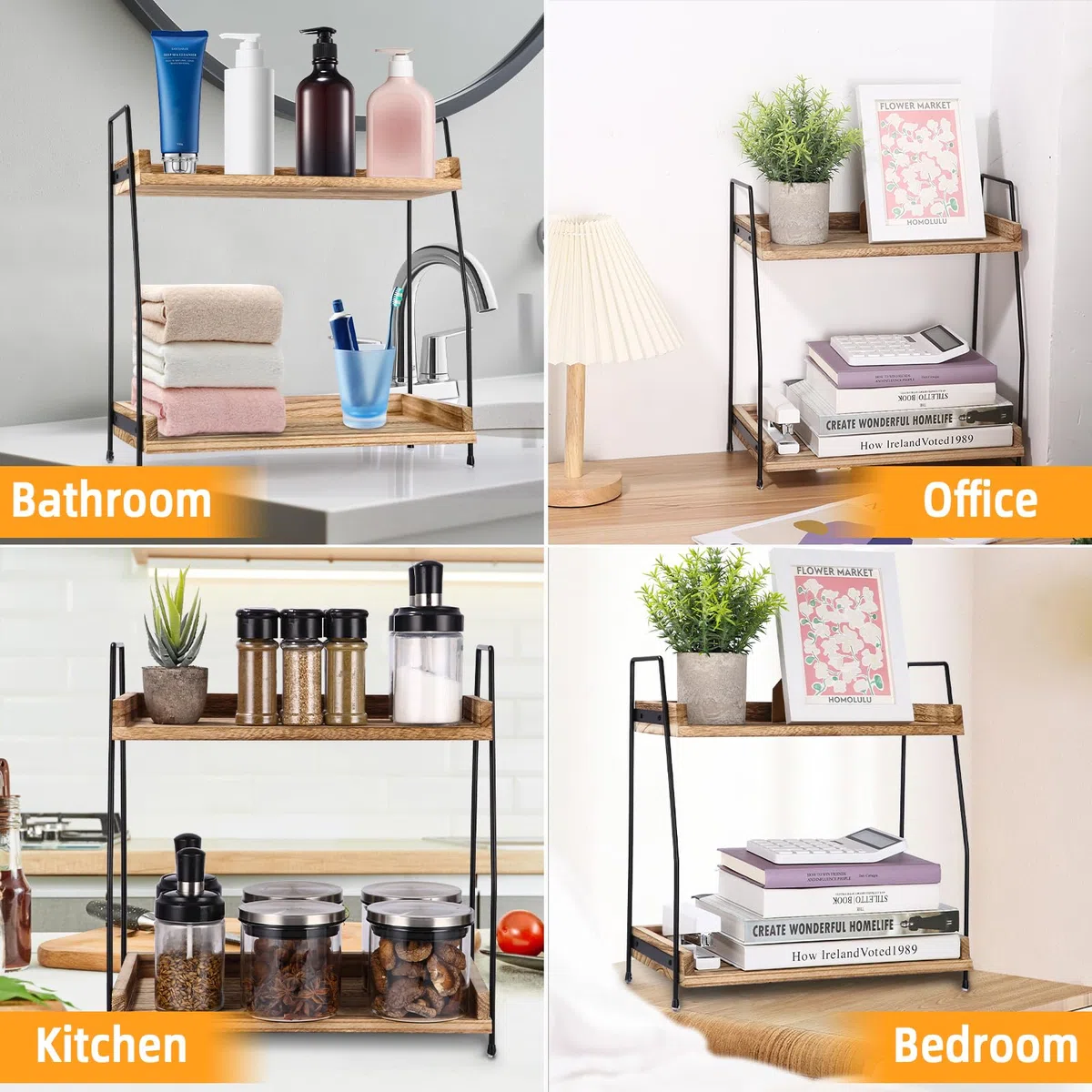 Scaffale Portaoggetti a 2 Ripiani per Caffè e Accessori Bar in Legno - Organizer per Cucina, Casa, Ufficio