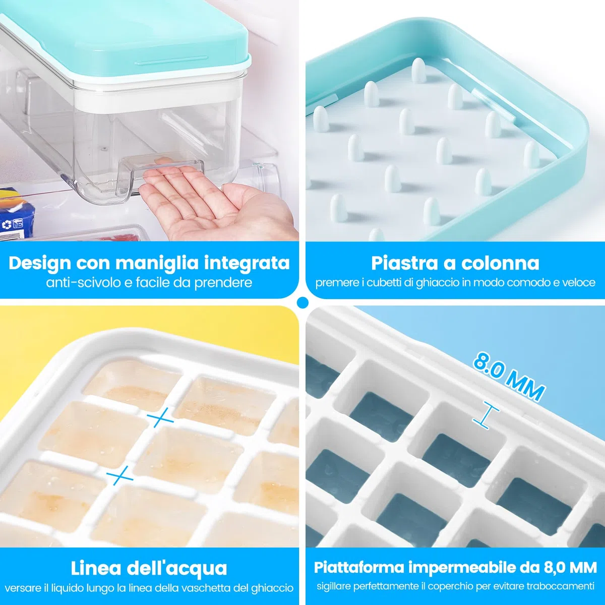 Stampo Ghiaccio, Stampo Ghiaccio Con Coperchio, 96 Cubetti Di Ghiaccio, Con 3 Vassoio, Rilascio Facile Con Pressione, A Prova Di Perdite, Per Raffreddare Cocktail, Whisky, Caffè, Blu
