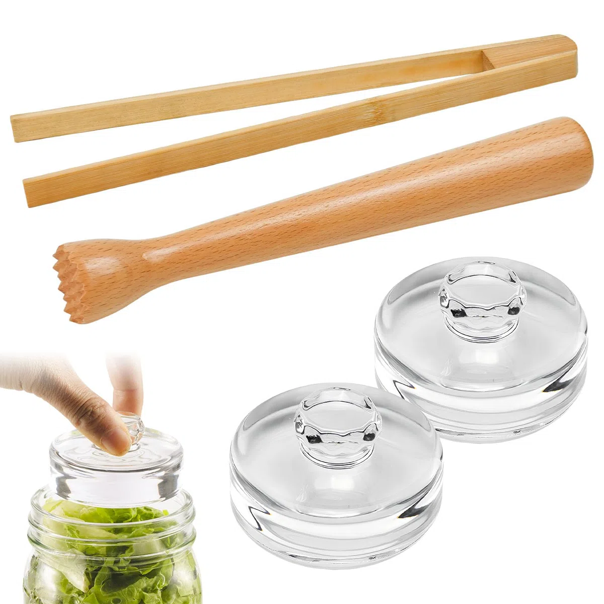 4 Pezzi Set di Accessori per Fermentazione con 2 Pesi in Vetro per Fermentazione 7 cm, Bastone da Schiacciamento di Fermentato e Pinza Fermentazione per la Fermentazione dei Crauti Kimchi
