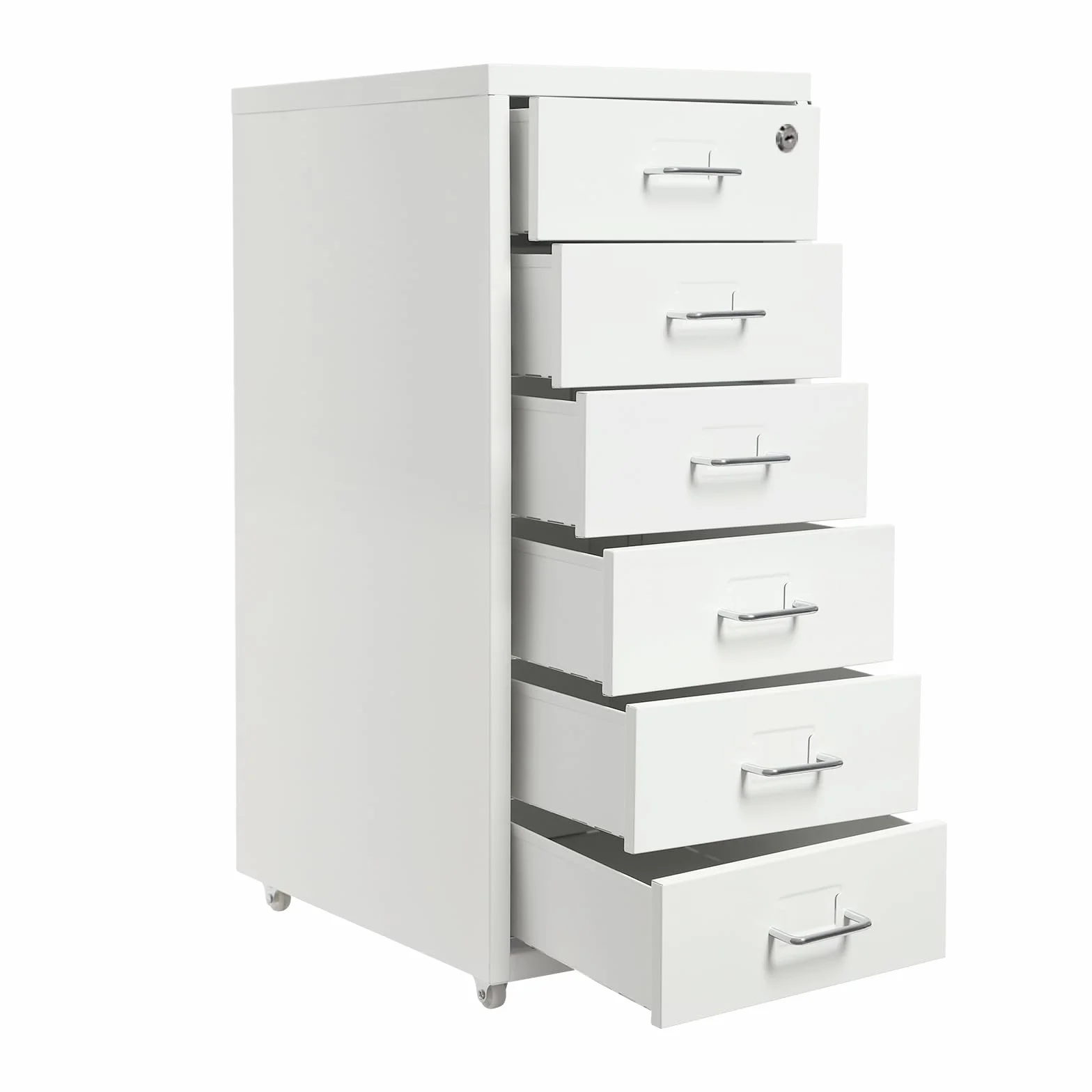 Cassettiera con 6 cassetti, armadietto da ufficio con ruote, in metallo, per ufficio, studio, bianco