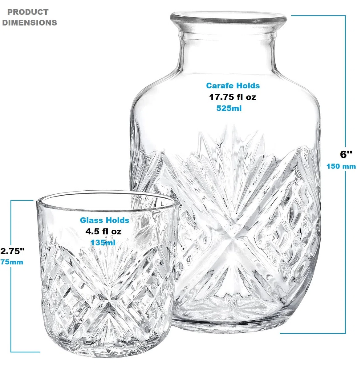 Set di caraffa e bicchiere da comodino in cristallo, caraffa da notte con caraffa e bicchiere, set da 2 pezzi con brocca e tazza da notte (525 ml)