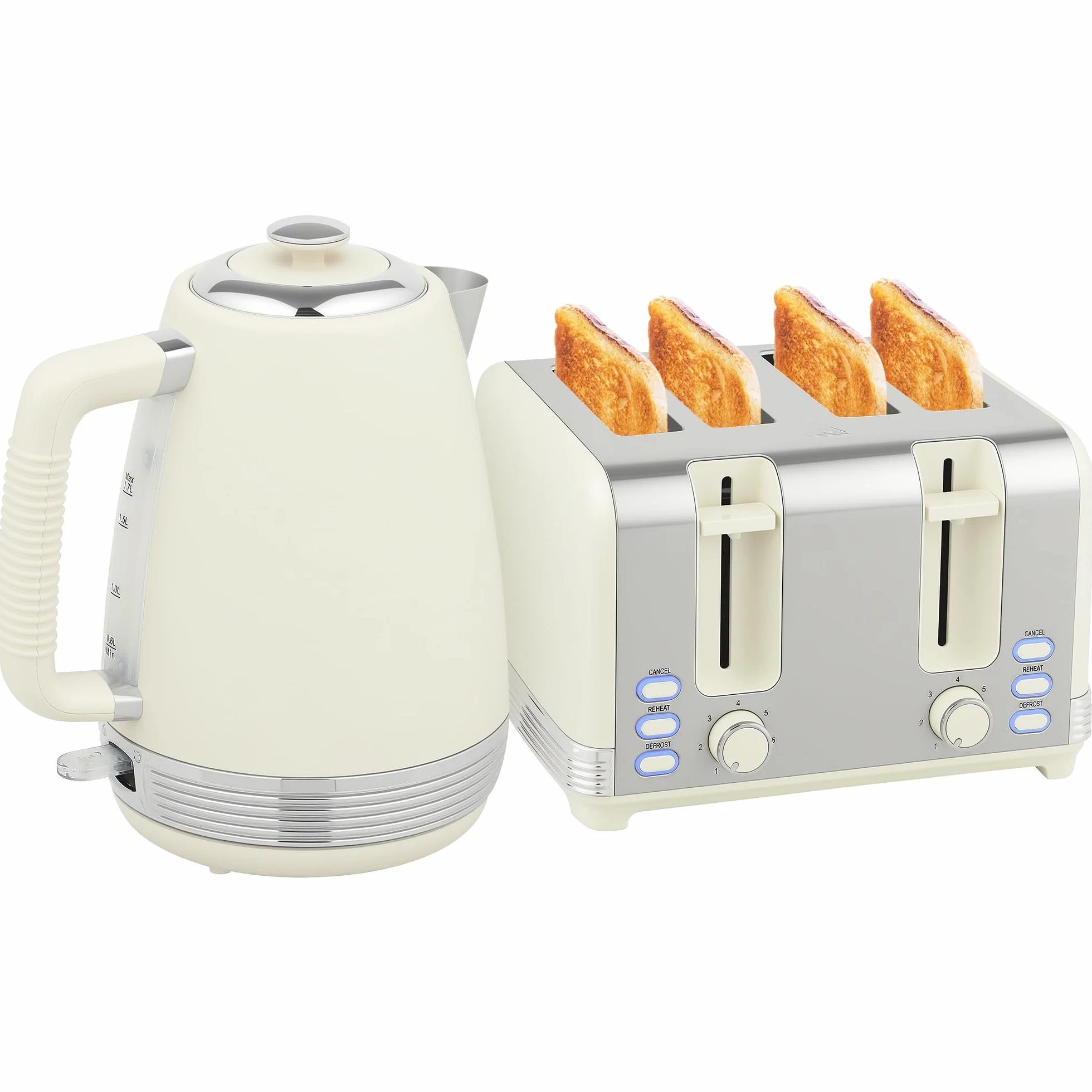 HOMCOM Set di tostapane in acciaio inox, con bollitore elettrico da 1,7 l, 2200 W, con termostato Strix, 4 fette con 7 livelli di doratura, scomparto per briciole, scongelamento, riscaldamento, crema