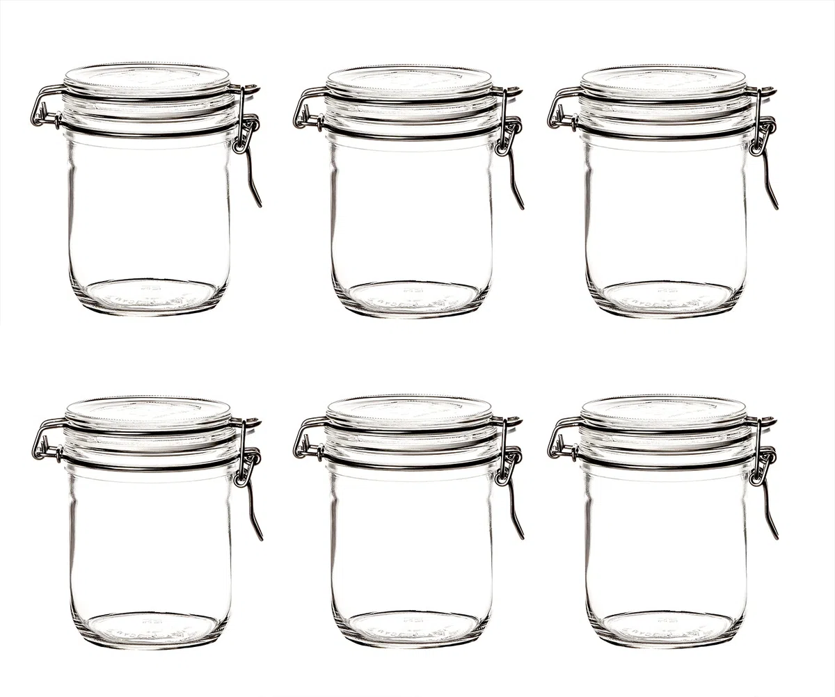 Bormioli Fido Set di 6 vasetti per conserve da 500 ml, con chiusura a leva, rotondi, con coperchio, ermetici