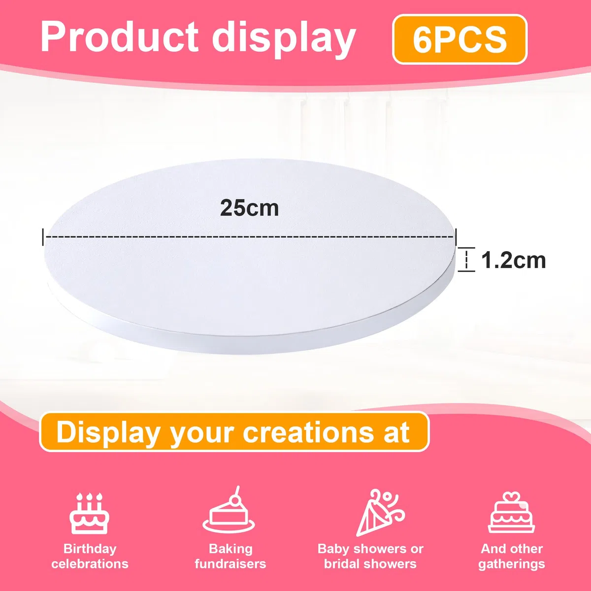 6 Pcs Sottotorta Tondo 25 cm, Vassoio Torta Rotondo Riutilizzabile in Cartone da 12 mm di Spessore, Bianco Sottotorta, Sottotorta per Torte da 6-10 Pollici e Dolci, per Feste, Compleanni e Matrimoni
