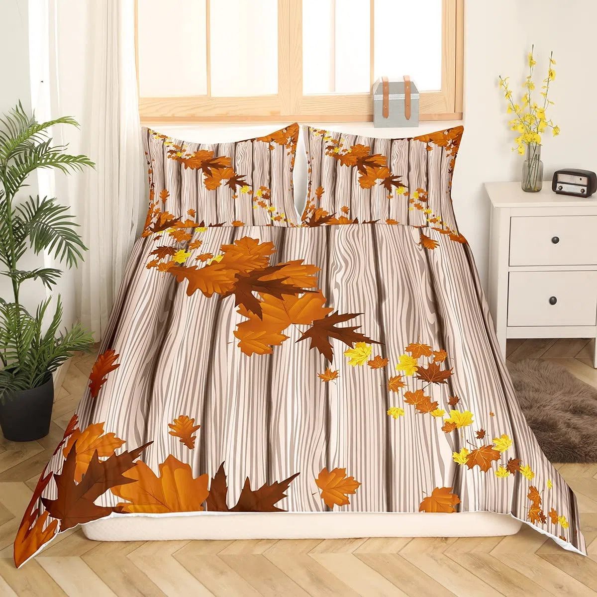 Set di biancheria da letto autunnale con foglie d'acero, motivo felice, per bambini, ragazzi, ragazze, ragazzi, rustico, in legno, traspirante, arancione bruciato, con foglie diagonali