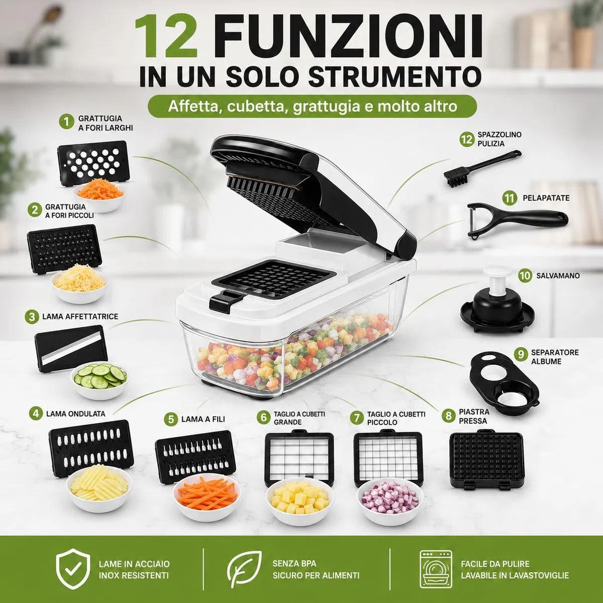 Mandolina per Verdure con 12 Accessori | Lame Intercambiabili in Acciaio Inox | Contenitore Trasparente | Tritatutto Multifunzionale per Verdure