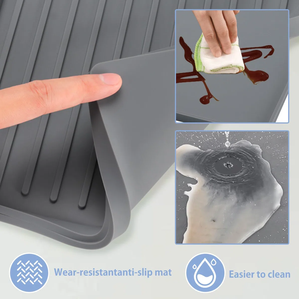 Tappetino in silicone per caffè con bordo rialzato, 61 x 40,5 cm tappetino per bar da caffè, adatto sotto la macchina da caffè, macchina per espresso, tappetino per asciugare piatti (grigio 40 x 19