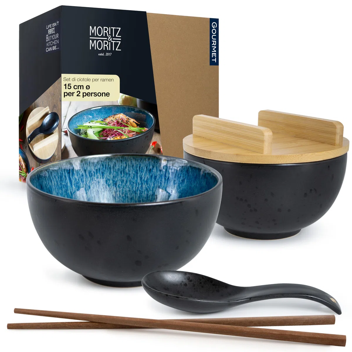 Moritz & Moritz SOLID Ramen - 2 ciotole in ceramica – 600 ml – 15 cm Ø – nero blu – Set per 2 persone – per zuppa, Pho e Sushi Bowl – Incl. bastoncini, coperchio e cucchiaio