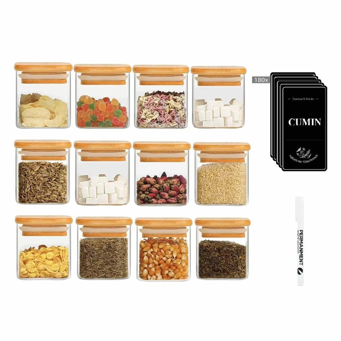 Set di 12 barattoli per spezie, rettangolari, da 120 ml, con coperchio in bambù, con etichette e pennarello bianco