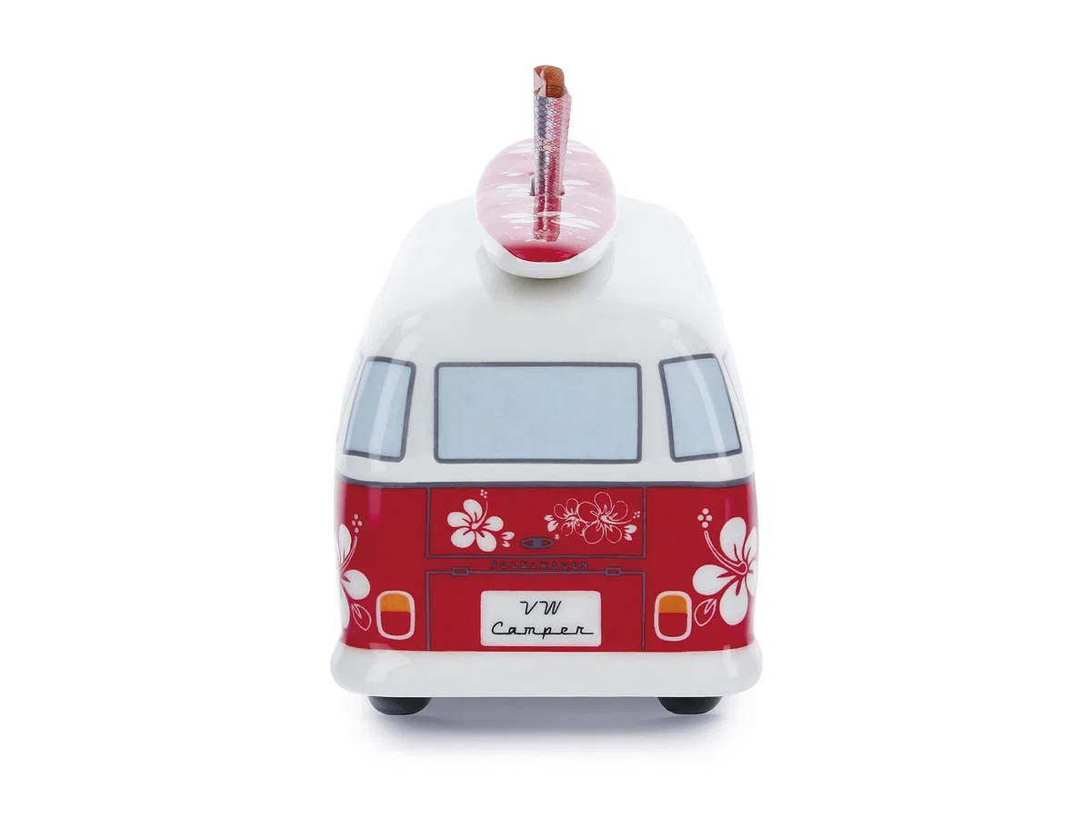 BRISA VW Collection - Volkswagen Salvadanaio in ceramica con tavola da surf, per risparmiare monete e banconote, VW Bus T1 design (Flower Power/Rosso)