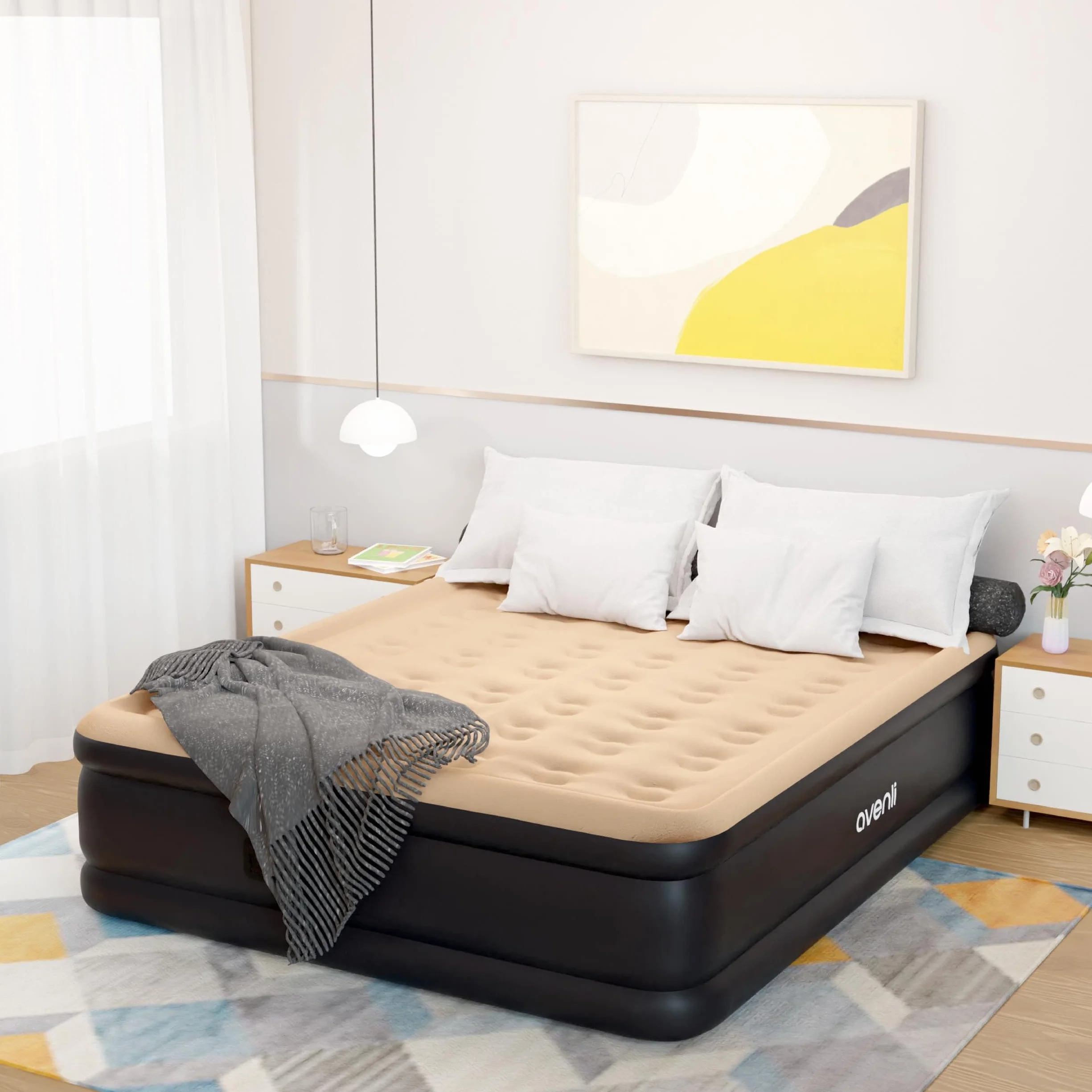 AVENLI Materasso Indoor Gonfiabile High Raised Queen Size 203x157x47 Floccato Nero Beige con Pompa Elettrica Integrata e Borsone