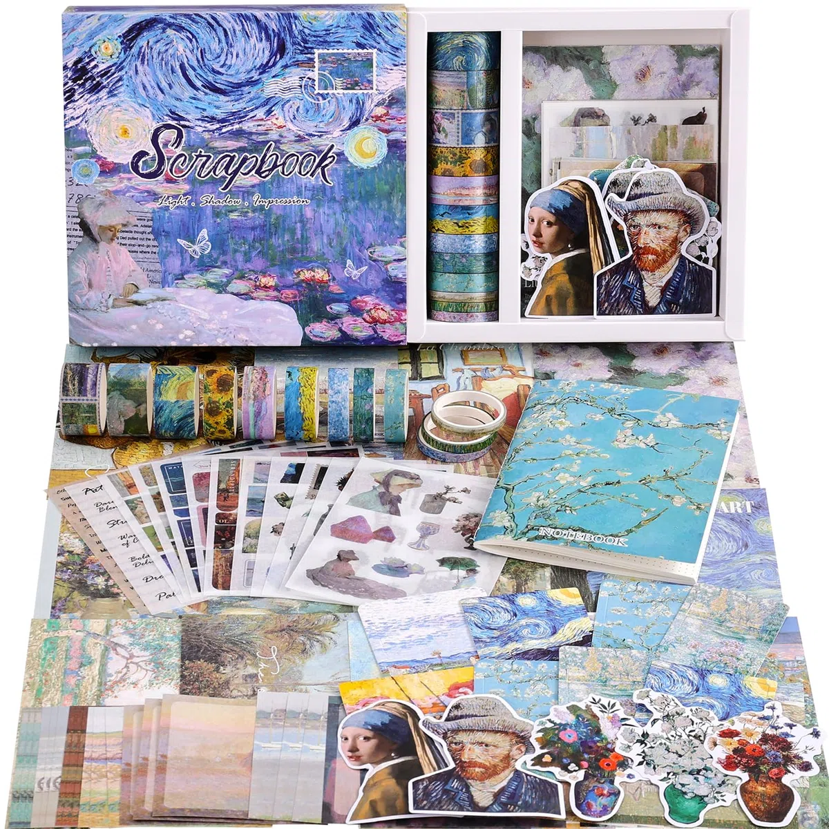 Kit di forniture per scrapbooking, Monet Van Gogh, kit per album di ritagli a tema pittura a olio per bullet junk, 12 rotoli di nastro Washi, fogli adesivi per forniture di diario fai da te, regalo