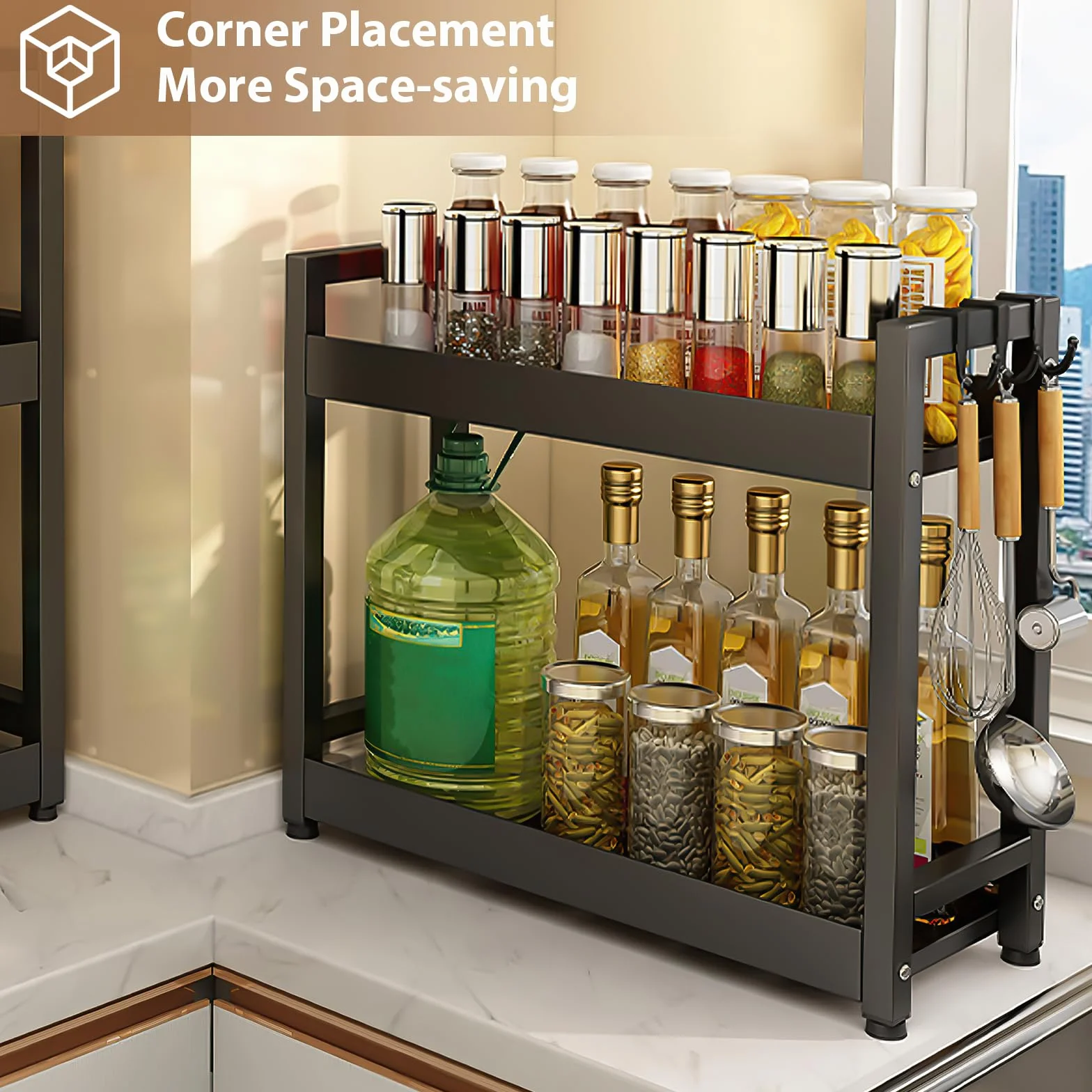 Porta Spezie in Piedi Per Cucina - 2 Ripiani Salvaspazio in Acciaio al Carbonio - Grande Capacità Organizzatore Per Bagno e Ufficio, Nero