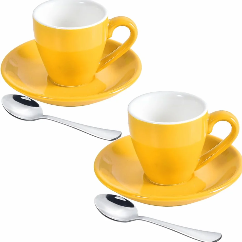 ionEgg Tazza da caffè in porcellana con piattino e mini cucchiaini in acciaio inox, 80 ml, confezione da 2, giallo