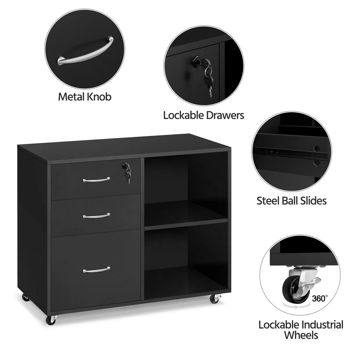 Yaheetech Armadietto Portadocumenti Schedario da Ufficio in Legno con 3 Cassetti Mobile Porta Stampante con Scomparti Mobiletto da Archivio con Ruote 80 x 40 x 65,5 cm Nero