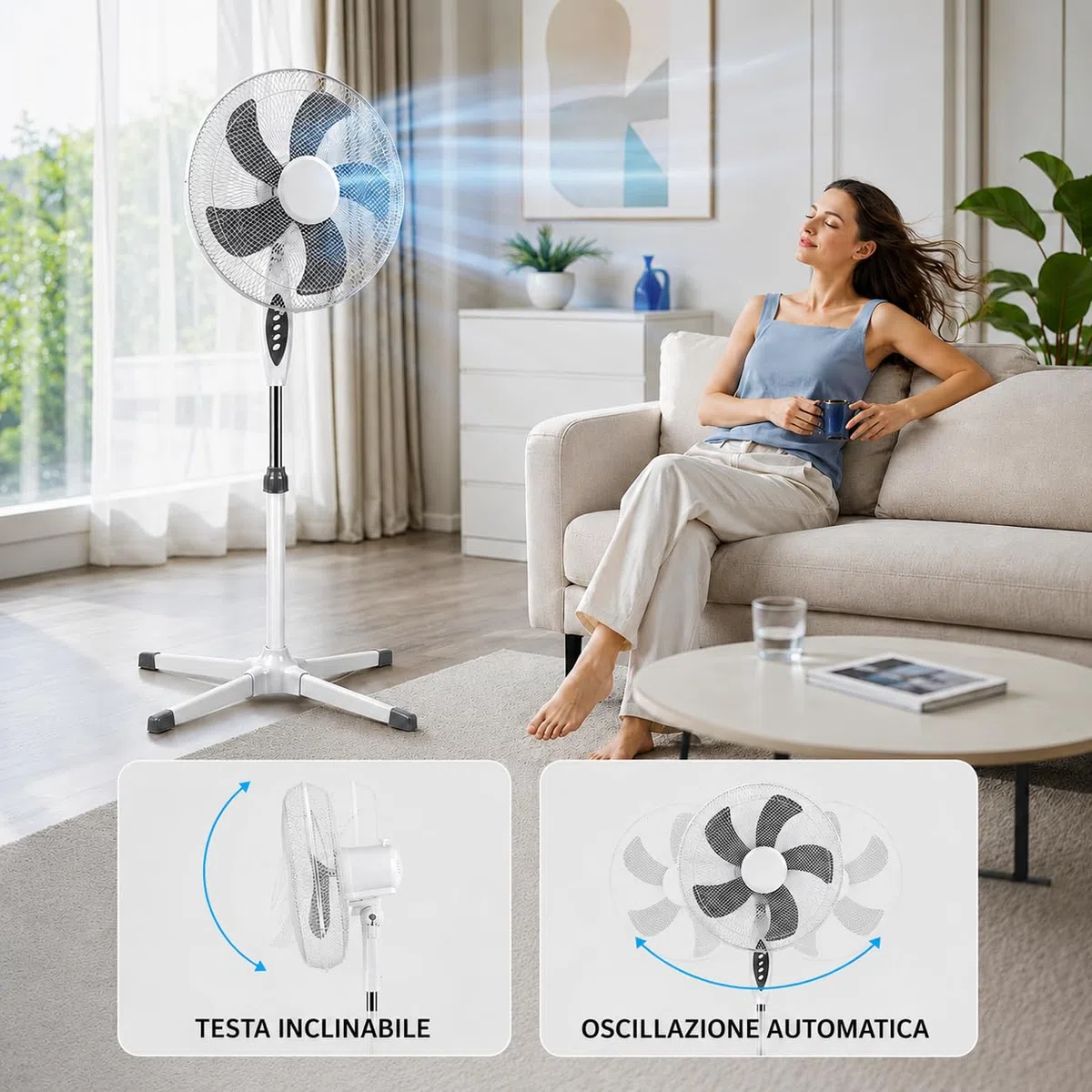 Ventilatore a Piantana Ø 40 cm BIANCO - FACILE MONTAGGIO - 50 W - 3 Velocità - STABILE e SILENZIOSO - Oscillazione Orizzontale - Altezza Regolabile 103-130 cm - Testa Inclinabile - Base a Croce
