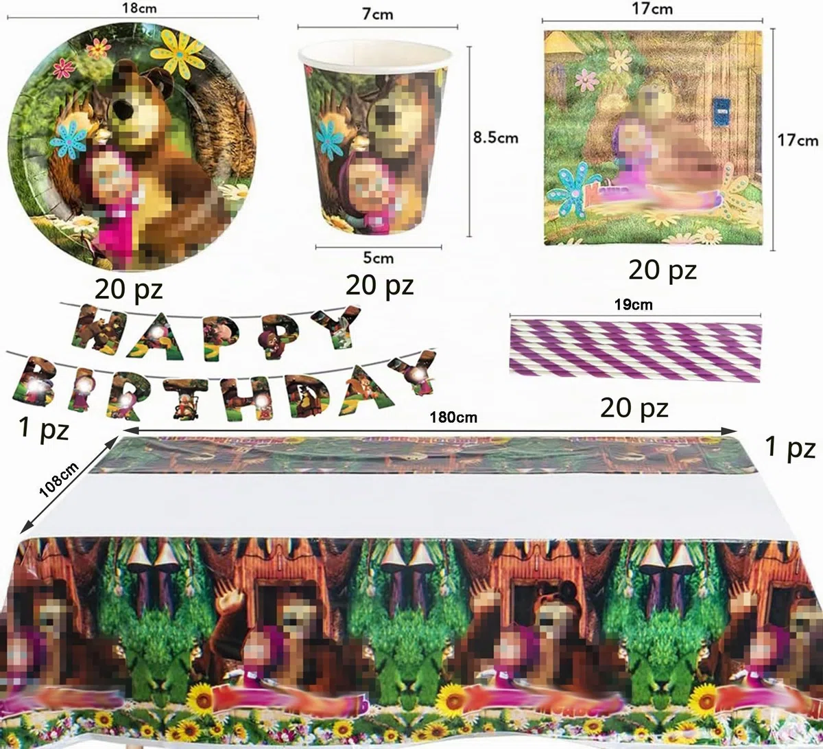 129 Pezzi Stoviglie Compleanno Per 20 Clienti, Orso Compleanno, Addobbi C-ompleanno, Orso C-ompleanno Palloncini Piatti Bicchieri di Carta Tovaglioli Tovaglia