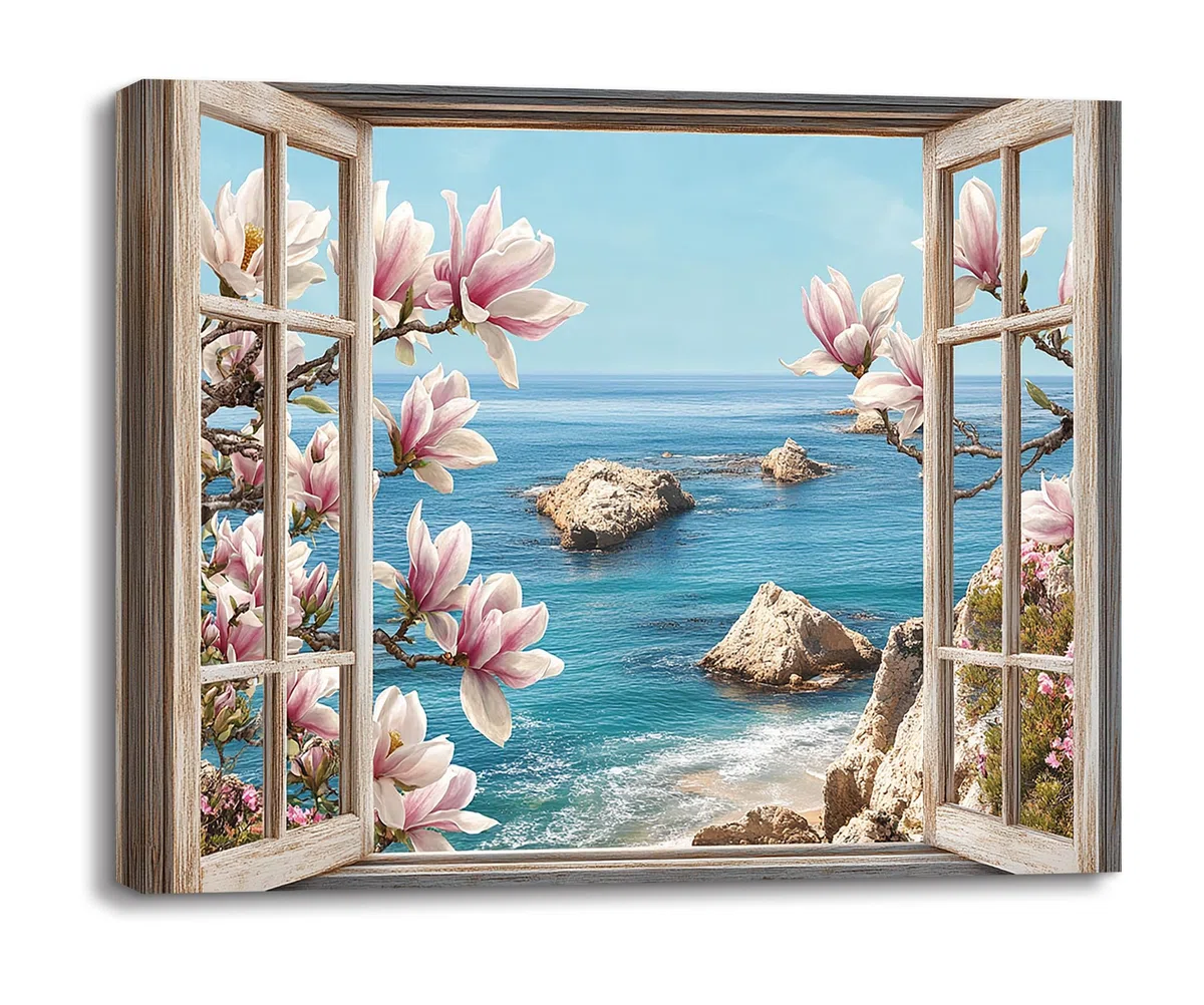PIY PAINTING Wasserfront Szene Spiaggia Quadri Moderni Soggiorno Stampe Da Parete Mare e Finestra Disegno Su Tela Fiore Immagine Pittura Dipinto Quadro Con Cornice Decorazione Camera Da Letto 30x40 cm