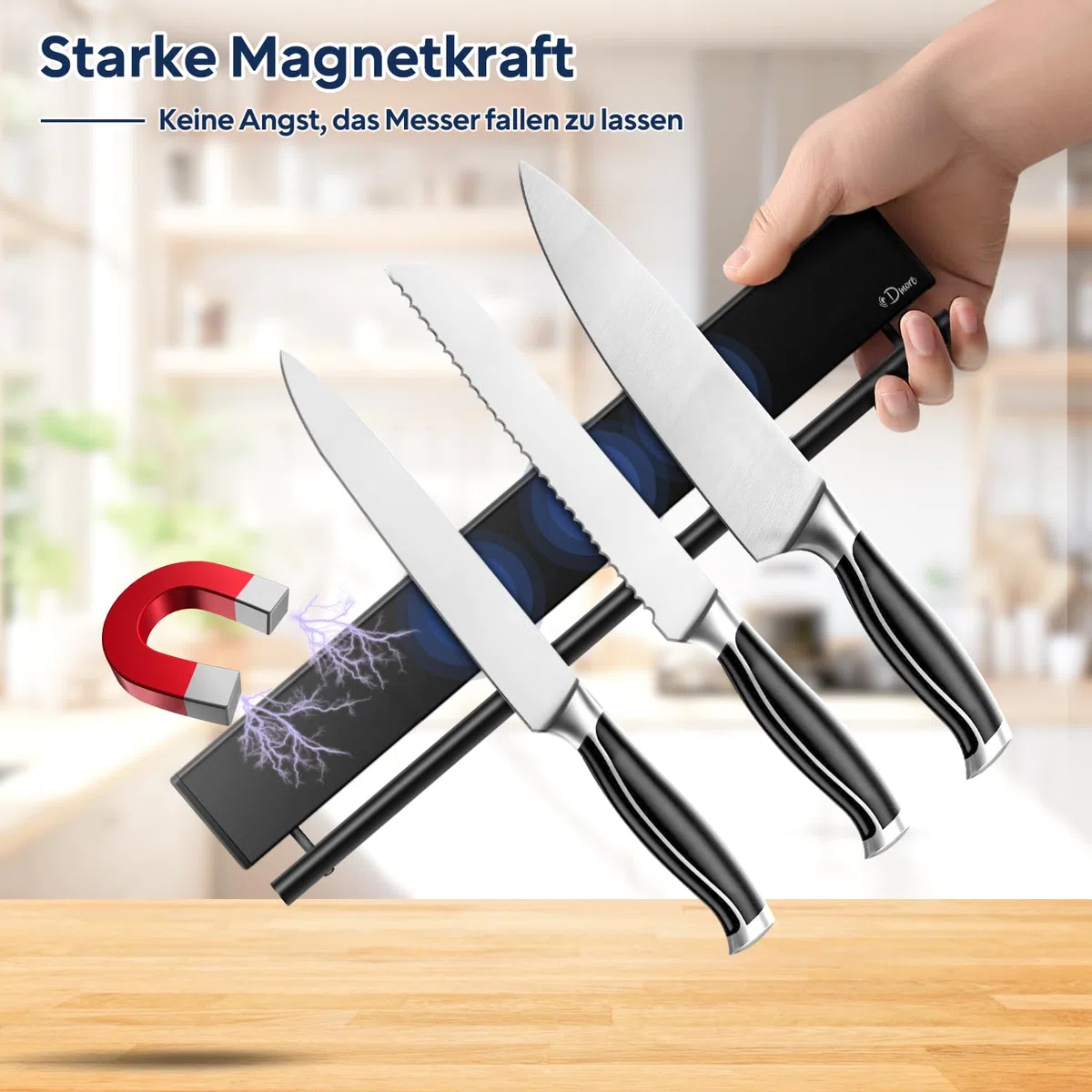 Dmore Supporto Magnetico per Coltelli da 30 cm Con 5 Ganci - Barra Nera Autoadesiva per Utensili Con Nastro e Viti