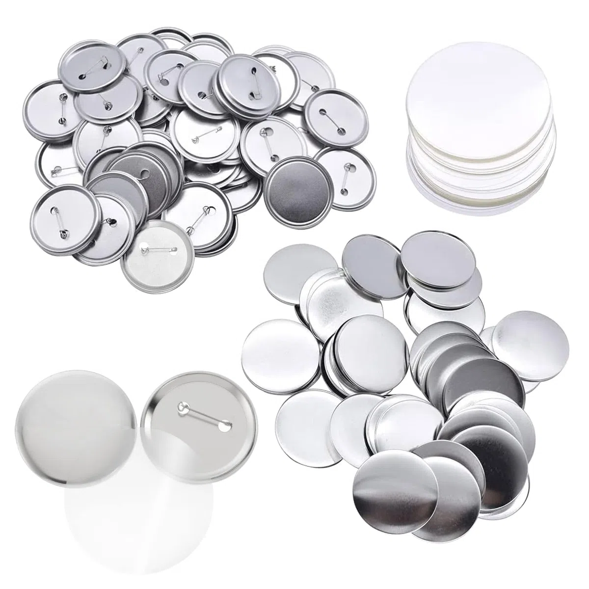 100 pezzi Kit Badge per Button Making Machine, Spille Fai da Te, Spilli Distintivi, per Button Artigianato Fai da Te Tra Cui Coperture in Metallo e Pellicola Trasparente - Fondo di ferro