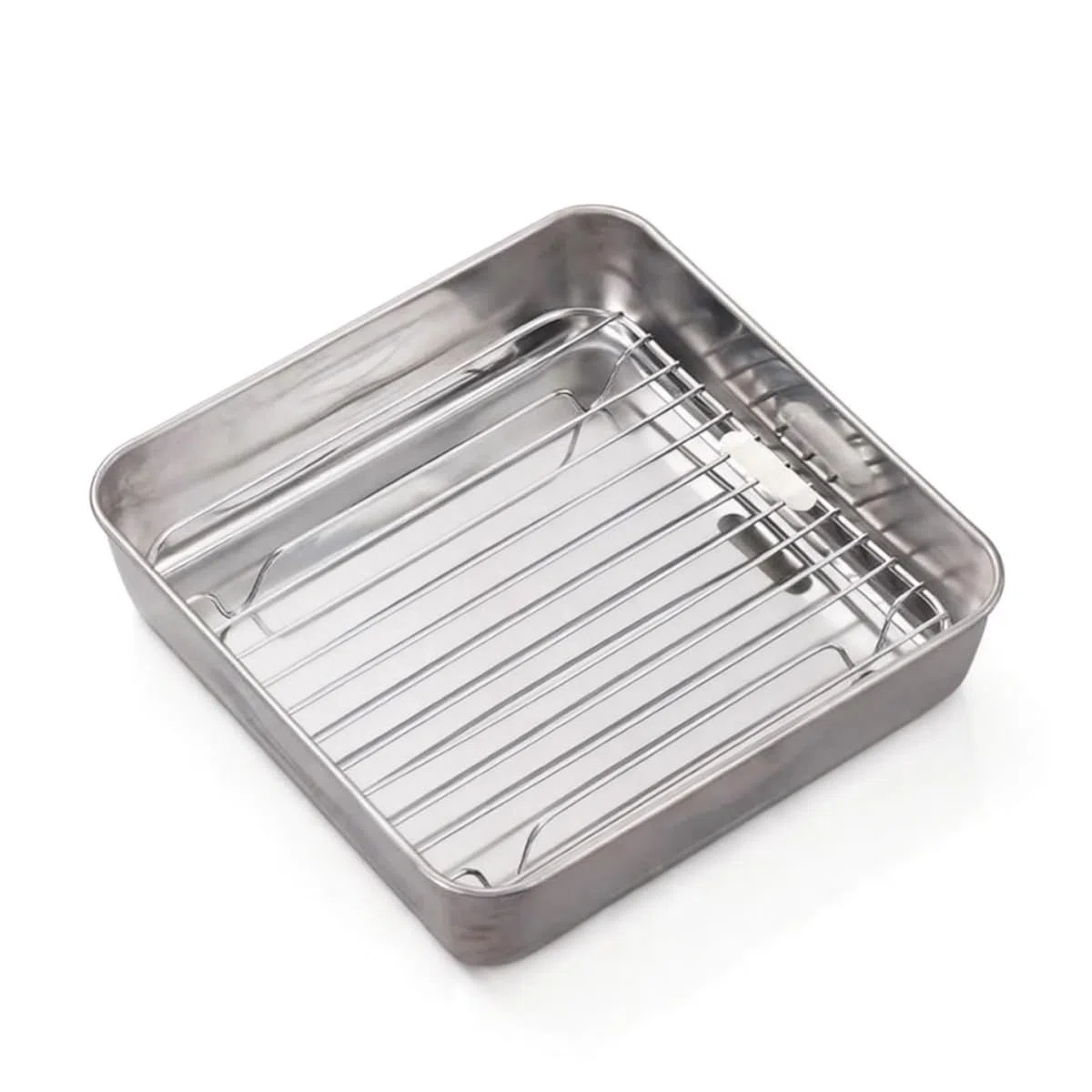 Tortiera Quadrata, Teglia da Forno in Acciaio Inox con Griglia, Teglie per Friggitrice ad Aria, Lavabile in Lavastoviglie, 21 x 21 x5 cm, Argento