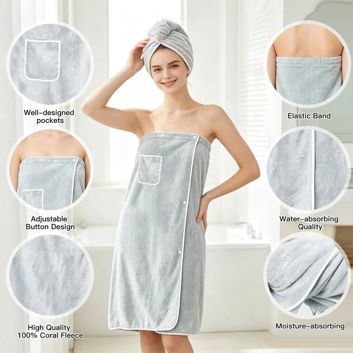 80x150 cm Kilt da Sauna Donna, Asciugamano da Sauna con Chiusura Regolabile a Bottoni e Tasche, Asciugamano per Capelli Accappatoio da Sauna da Donna per Doccia, Spiaggia, Piscina, Spa