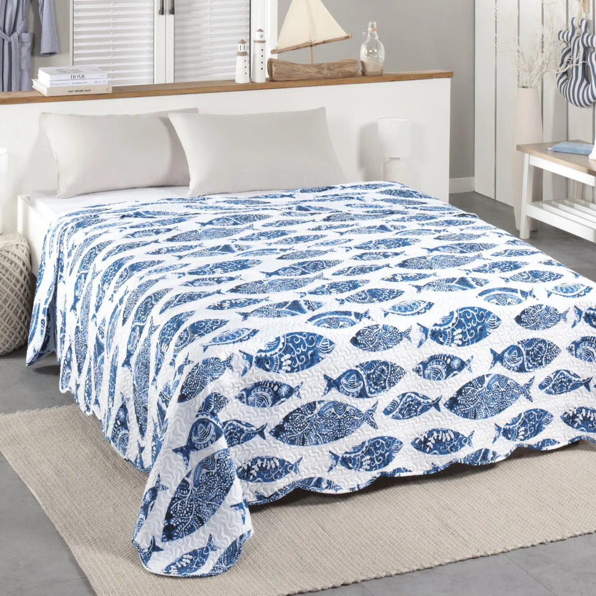 Delindo Lifestyle Copriletto Riviera Blu Maritim, Copriletto Matrimoniale Trapuntato, 220 x 240 cm