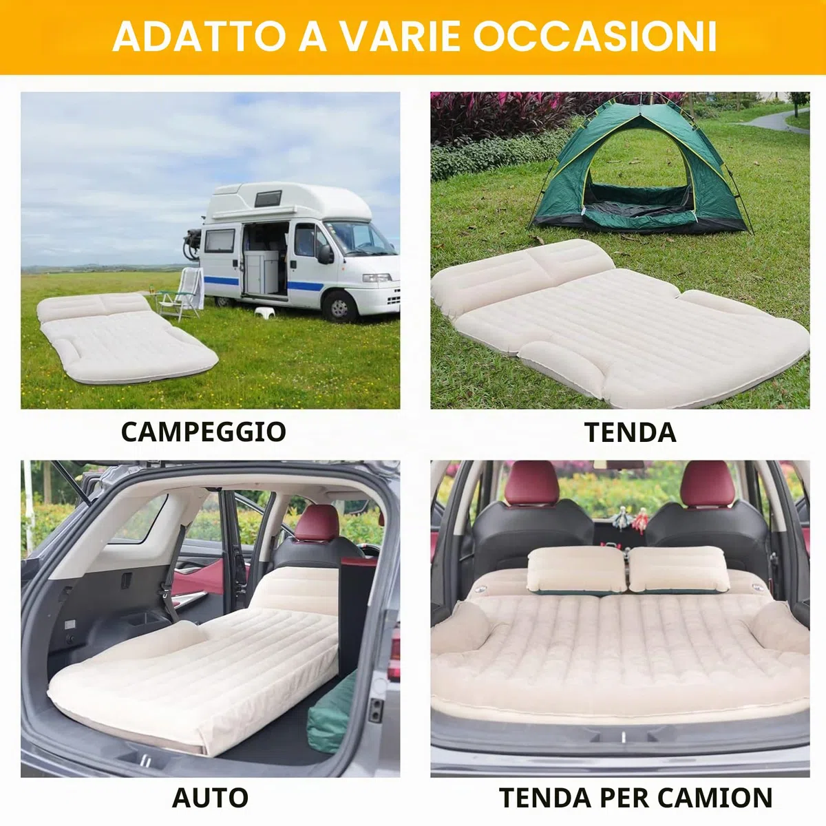 KMZ SUV - Materasso per auto ispessito e floccato su entrambi i lati, per campeggio, con 2 cuscini per sedile posteriore e bagagliaio (beige e caffè)