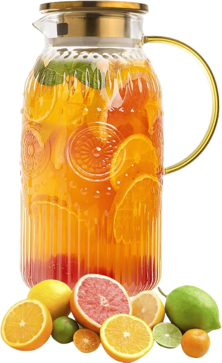 Amzcku Brocca in vetro con coperchio, brocca per acqua vintage da 2 litri, caraffa per acqua fredda, caffè, limonata, tè freddo, bevande, brocca in vetro resistente al calore, 1 confezione