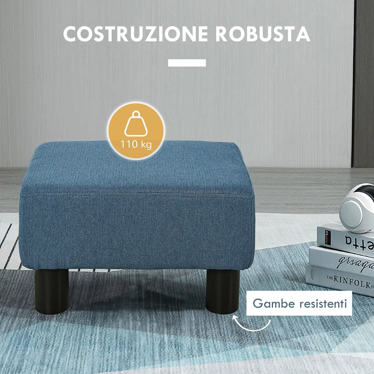 HOMCOM Pouf Poggiapiedi Imbottito in Tessuto di Lino e Plastica, Ottomana Rettangolare con Seduta Imbottita, per Soggiorno e Camera da Letto, 40x30x24 cm, Blu Scuro