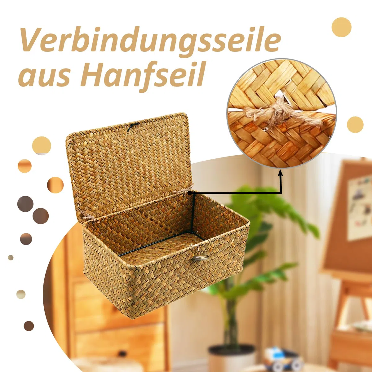 Cesto Portaoggetti in Rattan Intrecciato, Set di 3 Cestini Portaoggetti in Vimini con Coperchio, Cesta in Vimini di Seagrass, per Scaffali, Scrivania, Organizer per la CasaS(S, M, L, Arancione)