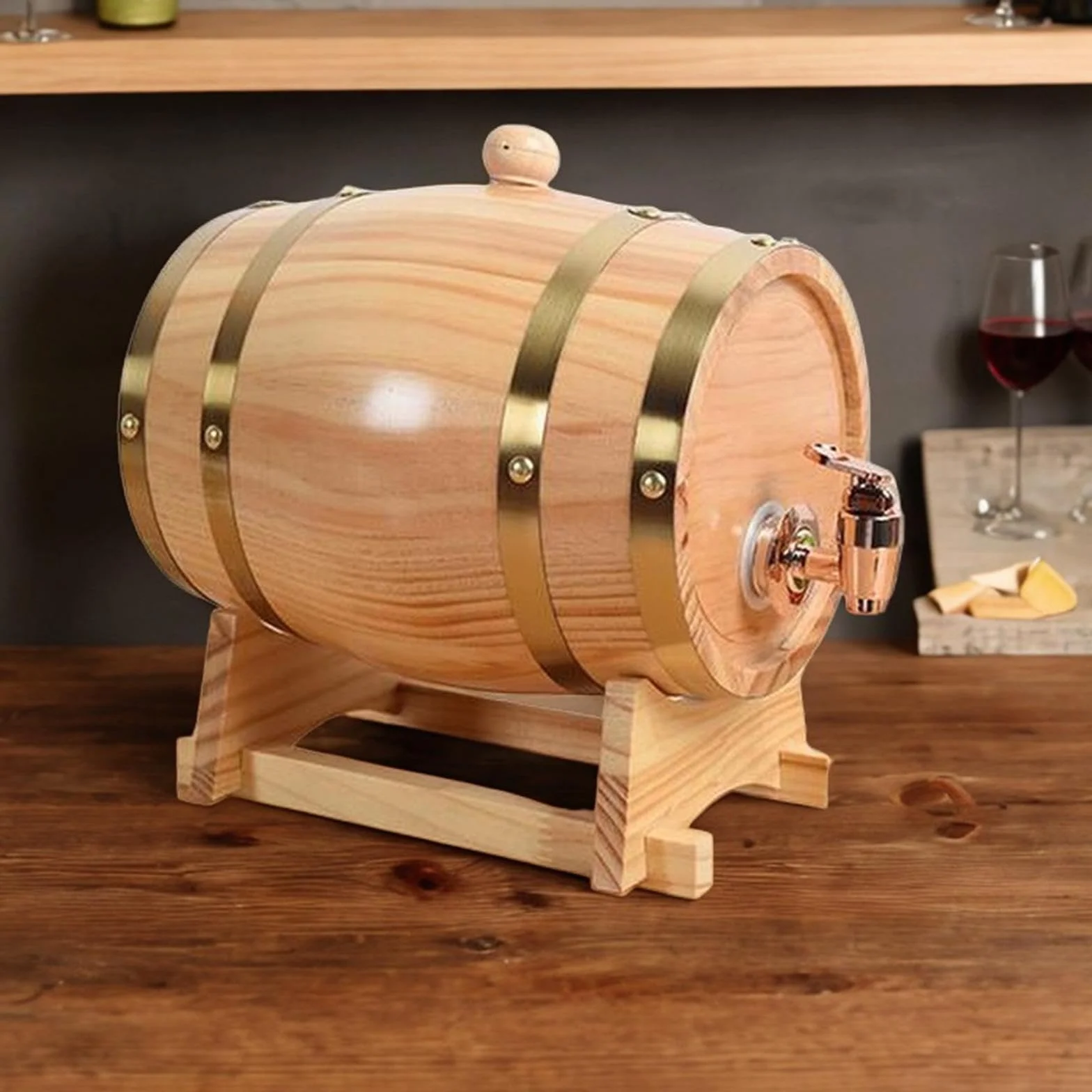 perfk Bottiglie per Vino in Rovere con Supporto, Contenitore per Birra in Legno, Distributore di Vino con Foro per Il Tappo Et Un Rubinetto, Distributore per Whisky, Vino, Birra, 3L