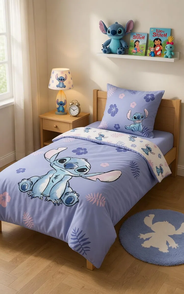 Stitch Lilo Blu Viola Copripiumino Singolo 140x200 + Federa 65x65 Cotone | Set lenzuola reversibile | Cotone naturale traspirante Oeko-Tex | Disney | Teen | Regalo | Lavabile in lavatrice