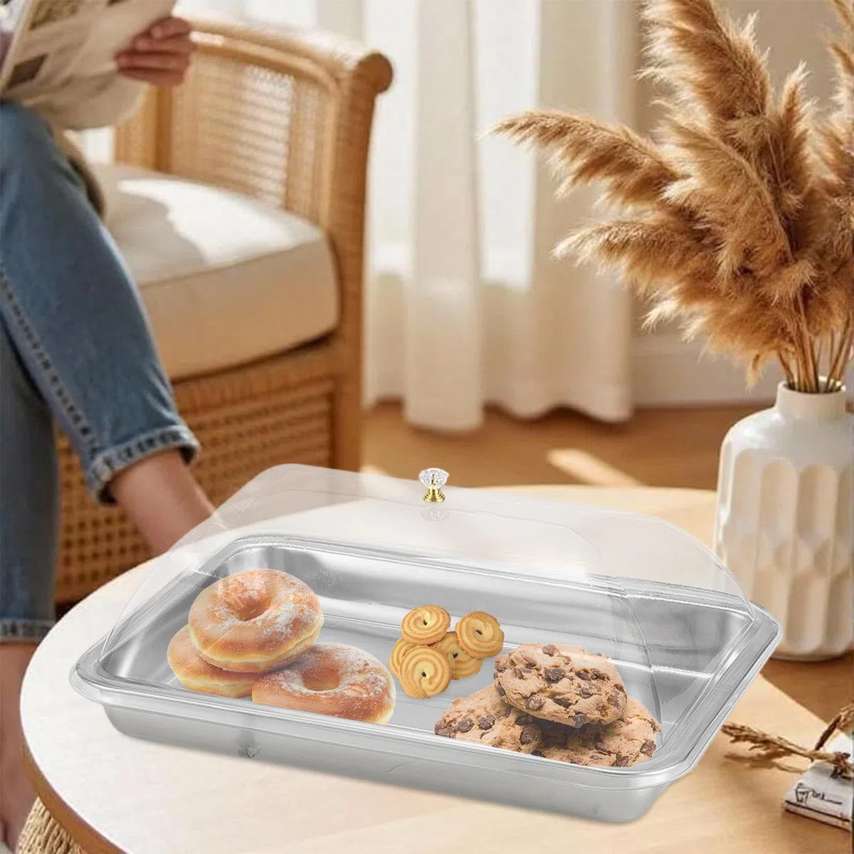 Baoblaze Vassoio da portata in acciaio inossidabile con coperchio a cupola, vassoio da portata rettangolare antipolvere per alimenti, per sala da pranzo, 40x30x5 Cm