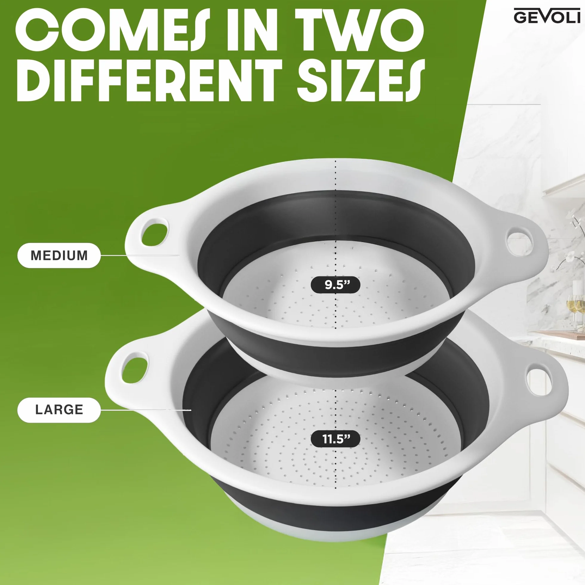 Set di 2 colini pieghevoli con base di drenaggio dell'acqua per pasta, frutta e verdura (4 e 5 quarti), colore: bianco e grigio