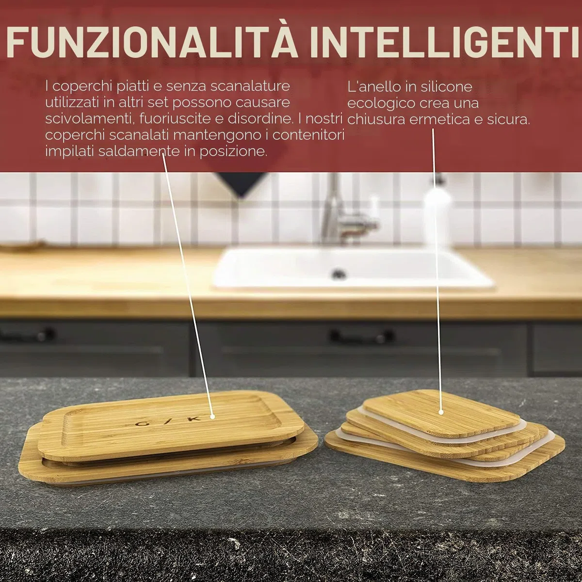 Gramercy Contenitore in Vetro per Alimenti 4x con Coperchio Bambù - Senza BPA, Anti-Perdite