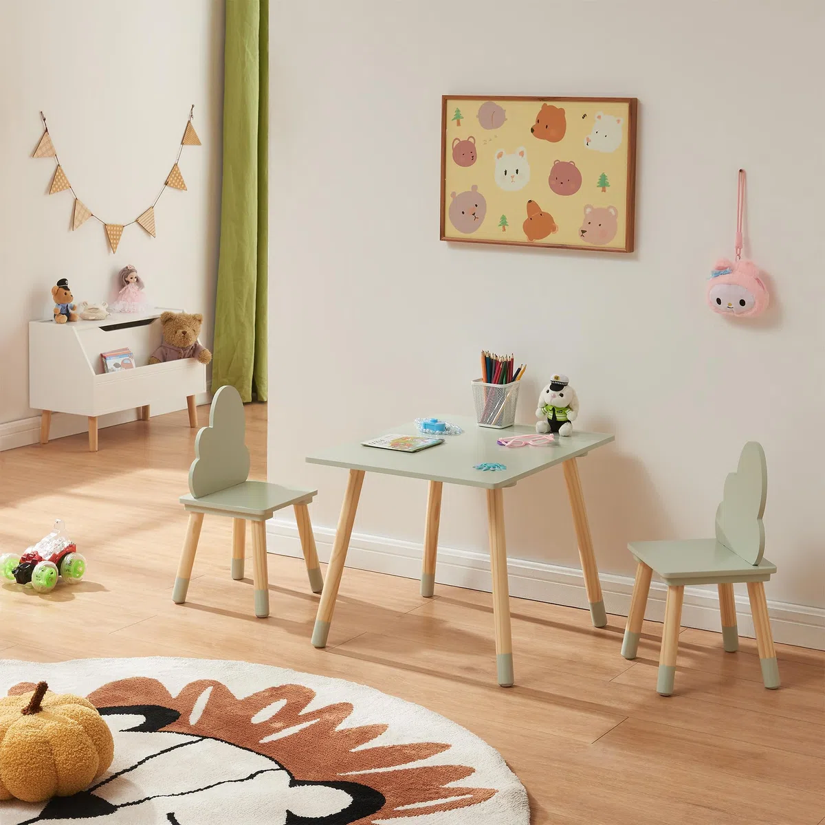 [en.casa] Set di 3 Mobili per Bambini Tavolino e 2 Sedie con Schienale a Forma di Nuvola per Cameretta Area Gioco Tavolo Rettangolare a Misura di Bimbi - Verde Menta/Naturale
