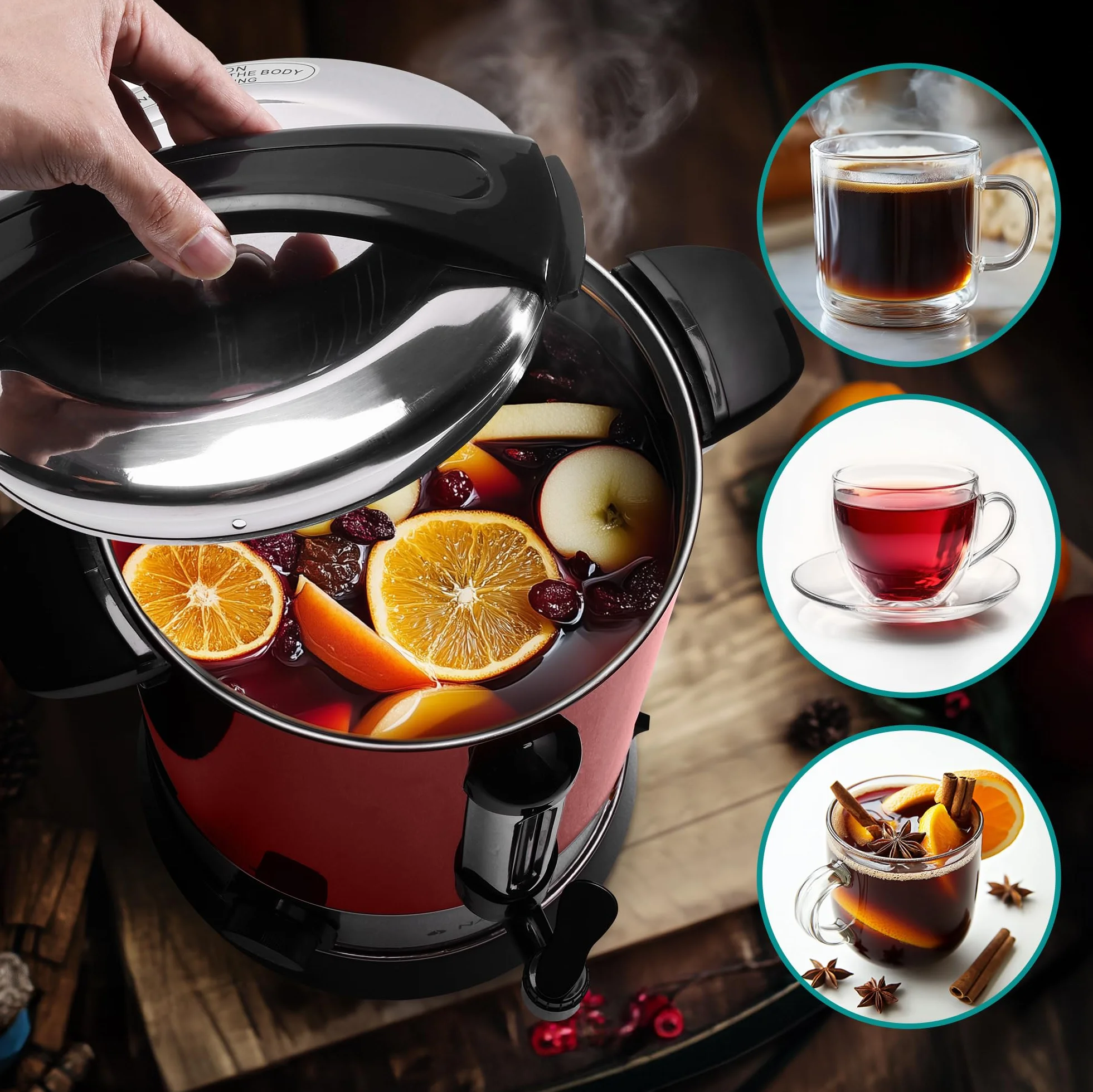 Navaris Pentola Bollitore 10l Vino Acqua - Dispenser Acqua Calda Vin Brulè Caffè - Distributore Elettrico Bevande Calde con Rubinetto - Rosso