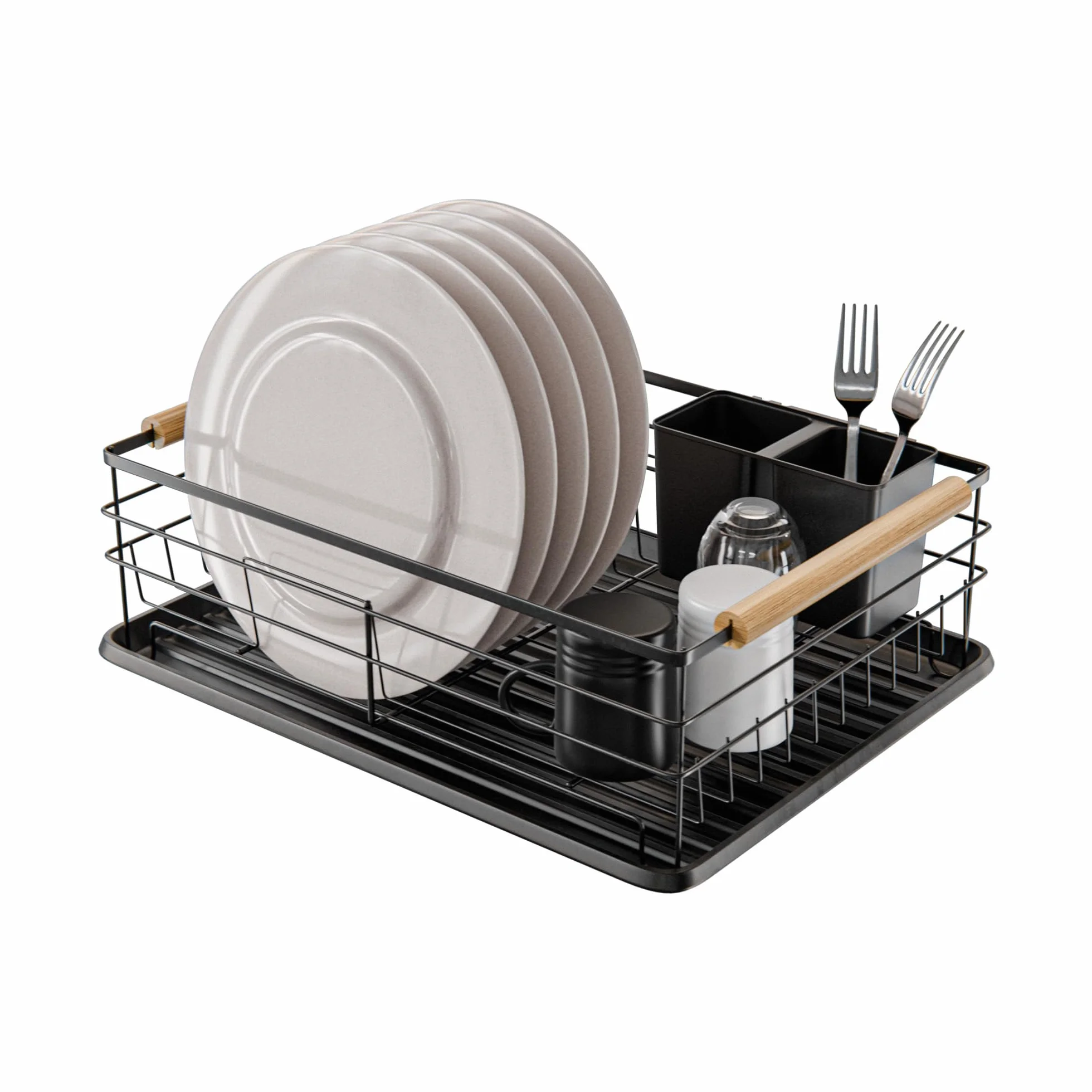 Amig - Scolapiatti Graz - 42 x 31,5 x 15 cm - Acciaio con Manico in Legno - Colore Nero - Scolapiatti con Vassoio di Sgocciolamento e Supporto per Posate - Capacità per 10 Piatti e 6 Bicchieri