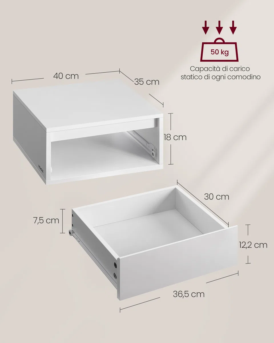 VASAGLE KAILYN Collezione - Comodino Pensile, Set di 2 Comodini Sospesi, Luce Regolabile, Cassetto, Mensola da Parete, 35 x 40 x 18 cm, Moderno, Camera da Letto Soggiorno, Bianco Nuvola LET854W01