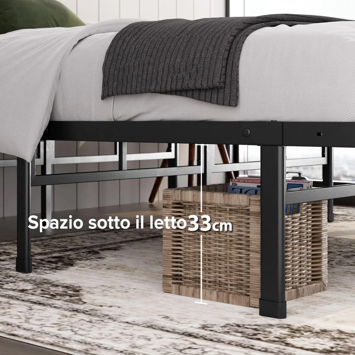 Zinus Justin Rete Matrimoniale 160x190 cm - Struttura Letto con Doghe in Metallo Incluse - Altezza 36 cm con Spazio Sottostante - Facile da Montare - Nero