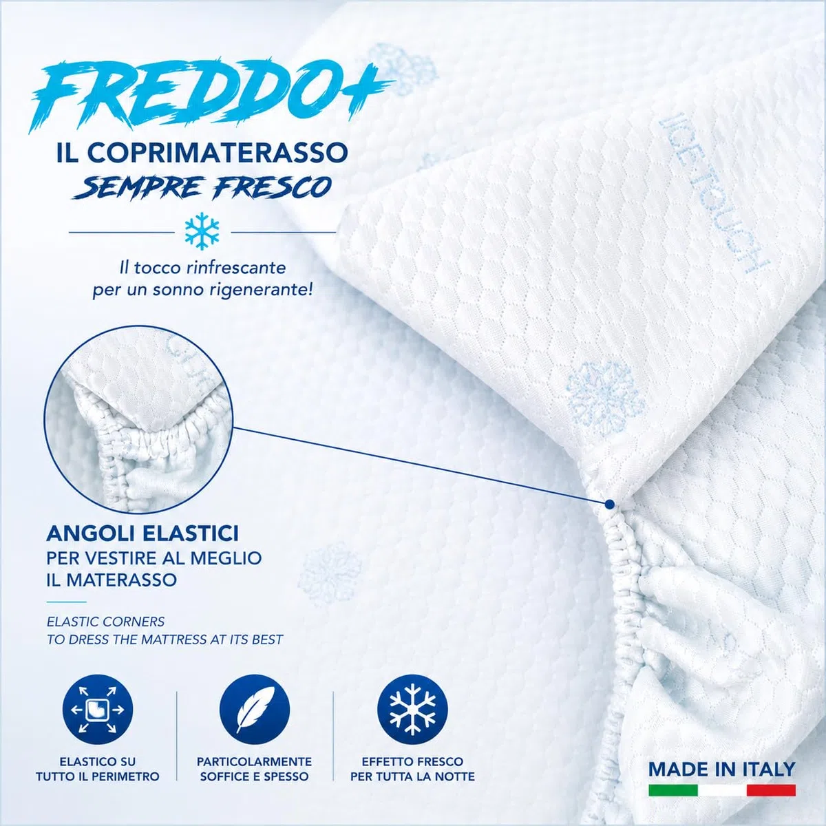 Coprimaterasso Rinfrescante Freddo+ Ice-Touch, Estivo, Termoregolatore, Traspirante, Anti-Umidità, Morbido, Elasticizzato - Singolo 80x200 cm H25