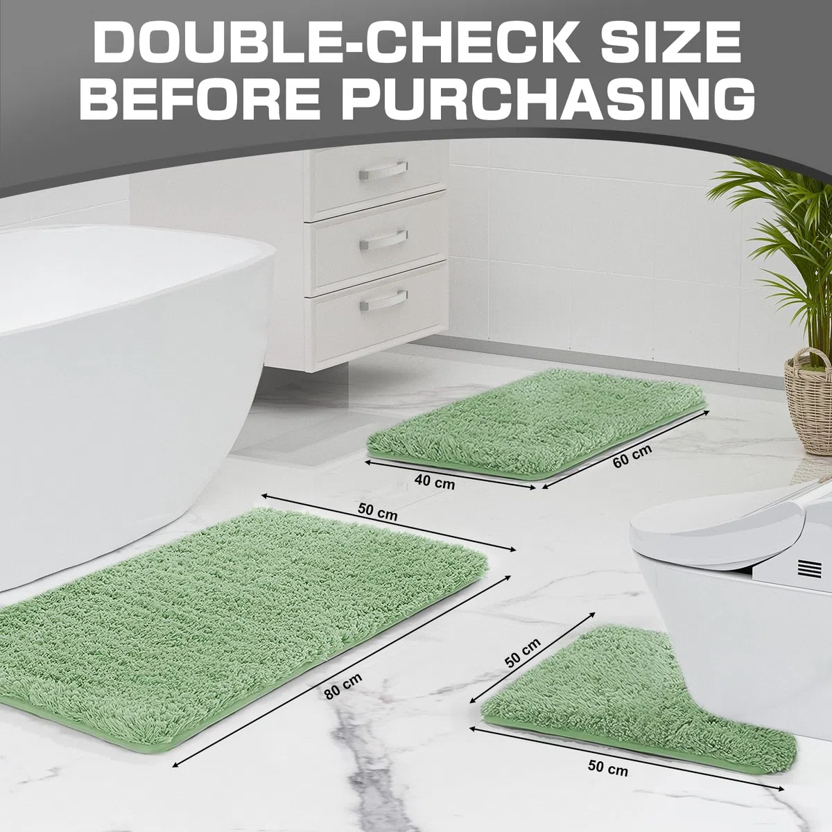 wyewye Tappetini da bagno in microfibra, super spessi 2 cm, tappeti da bagno super assorbenti 50 x 80 cm e 40 x 60 cm, verde chiaro