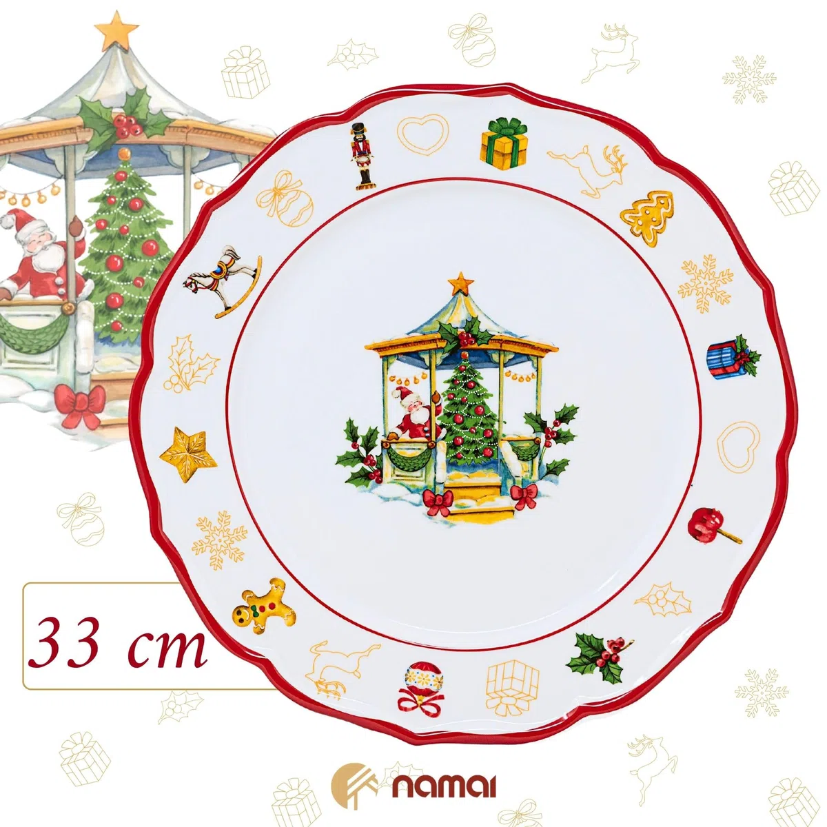 NAMAI - Piatto Panettone Natalizio 33 CM, Porcellana Resistente, Eleganza Natalizia, Adatto In Lavastoviglie e Microonde, Piatti Natalizi, Idea Regalo (Piatto Panettone)